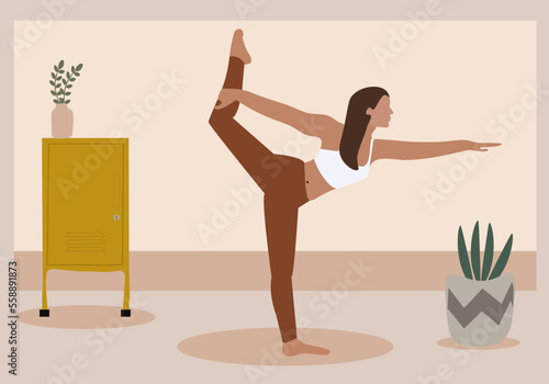  Ilustration vector graphic of a woman doing yoga at Home.