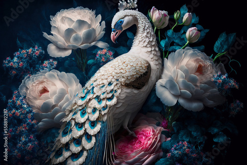 White peacocks and white peonies. Digital artwork