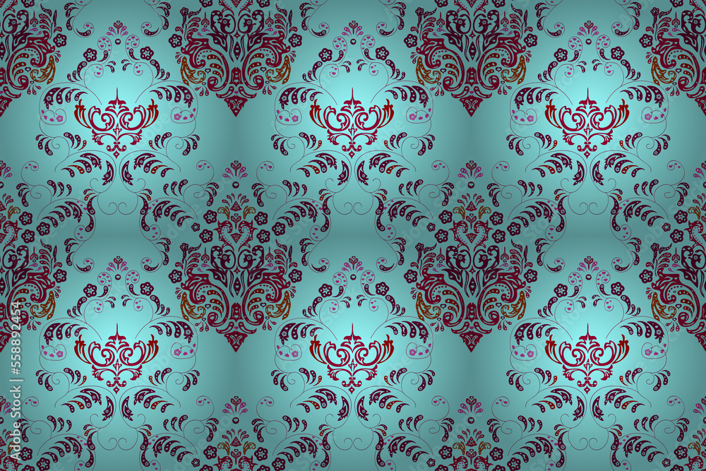 Seamless pattern with interesting doodles on colorfil background.