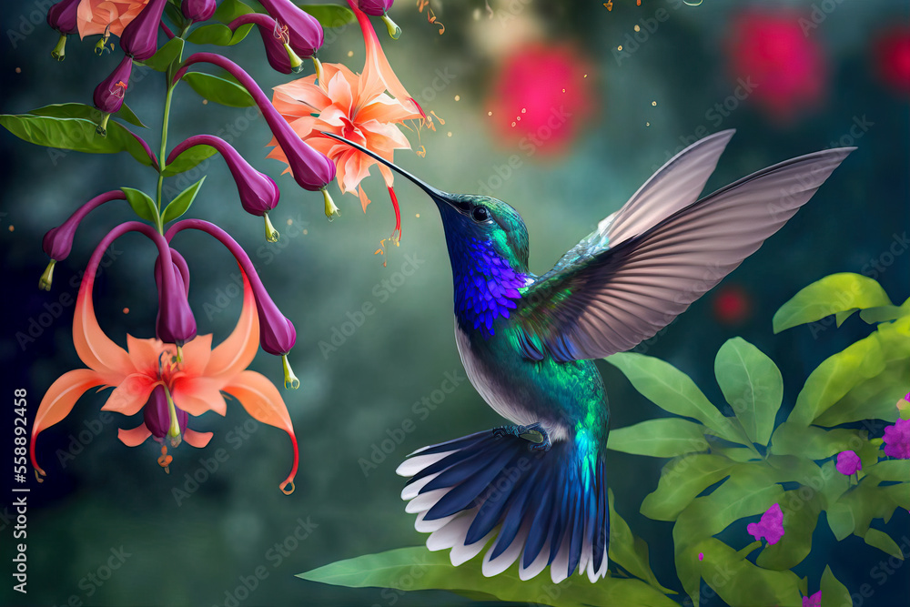 Hummingbird flying to pick up nectar from a beautiful flower. Digital artwork	
 - obrazy, fototapety, plakaty 
