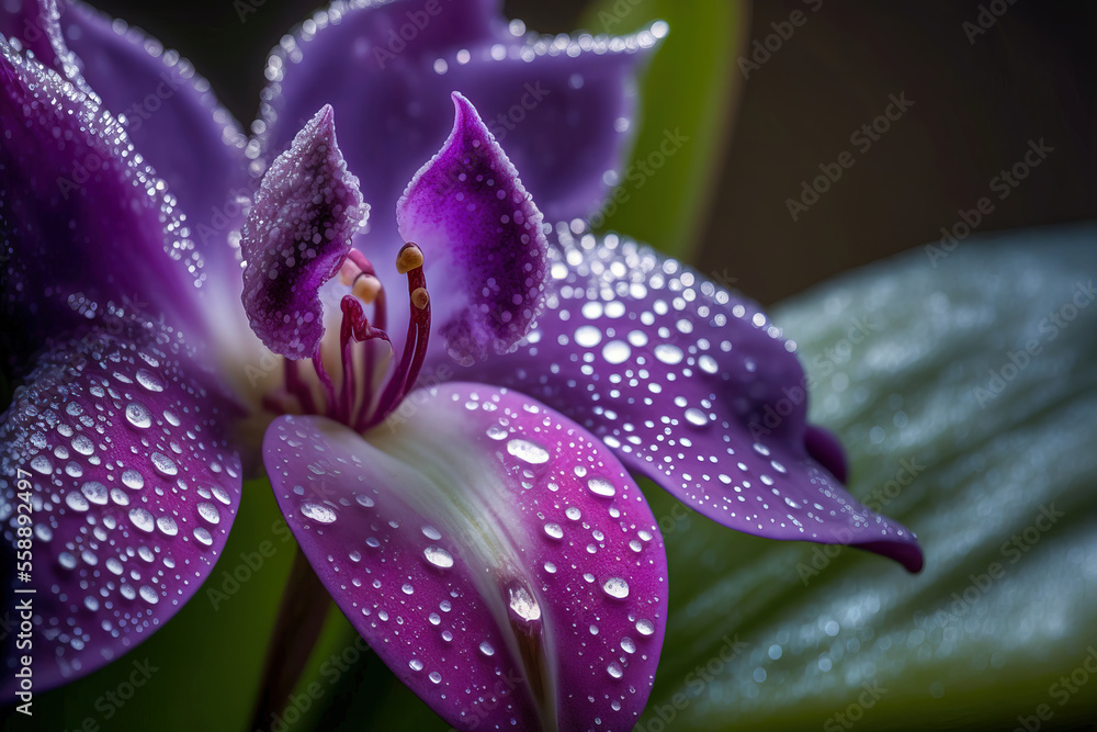 Fototapeta premium Gorgeous violet orchid flower with morning dew drops. Close up. Digital art 
