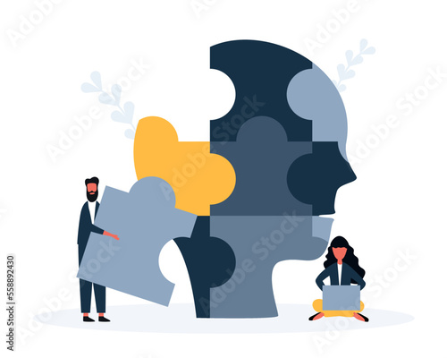business people loading puzzle pieces in the shape of a person's face