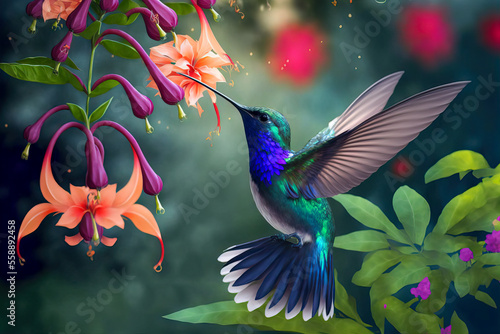 Hummingbird flying to pick up nectar from a beautiful flower. Digital artwork	
 photo