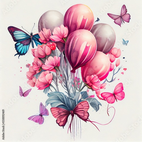 Illustration of pink balloons with flowers and butterflies isolated on a white background.