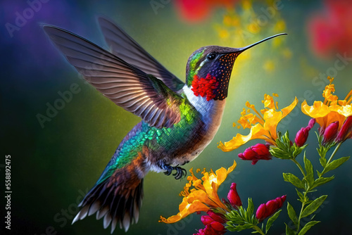 Hummingbird flying to pick up nectar from a beautiful flower. Digital artwork   © Katynn