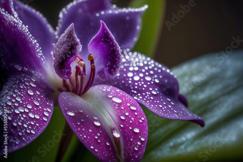 Gorgeous violet orchid flower with morning dew drops. Close up. Digital art 