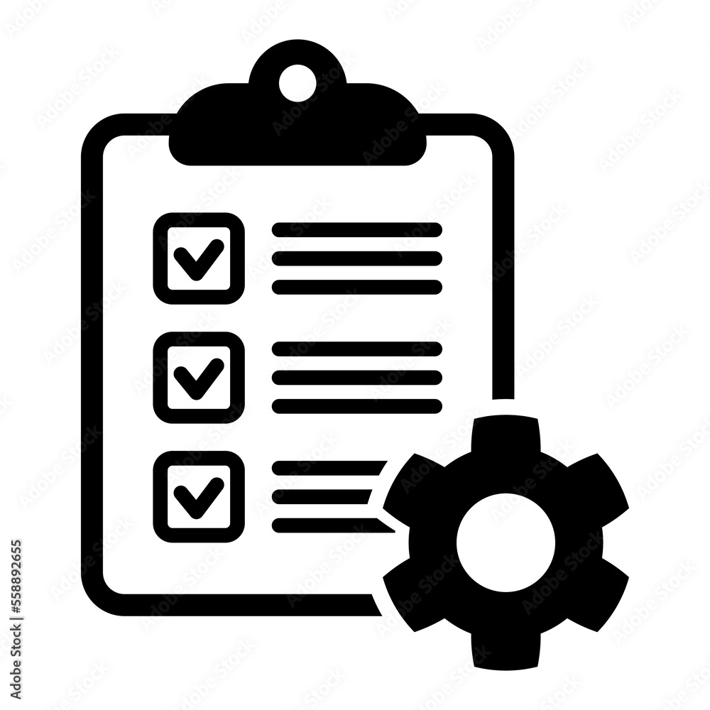 Technical support check list icon. Clipboard with gear isolated icon. Management flat icon concept. Software development.