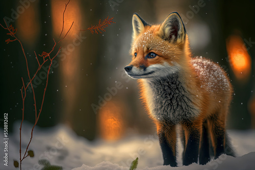 Cute Red Fox cub in winter forest. Making eye contact. Snowy landscape. Digital art 