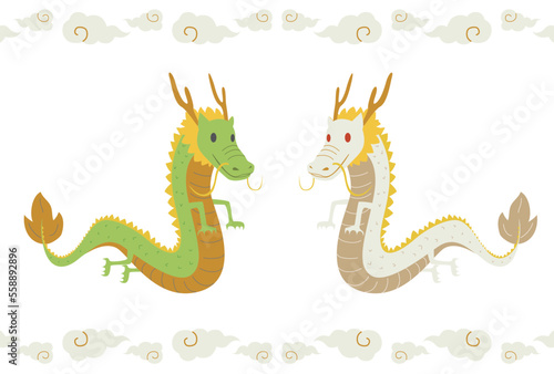 キュートな白竜と龍と雲のラインのセットイラスト