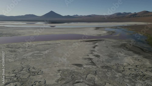 Red Lagoon, Salt Lake, Bolivian Andean Unpolluted Water, Aerial Altiplano View, Laguna Colorada, Scenic Wildlife Sanctuary photo