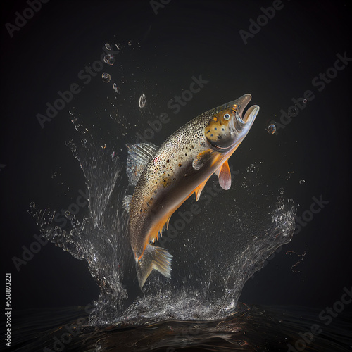 Realistic abstract render of a trout jumping out of the water (AI Generated) photo