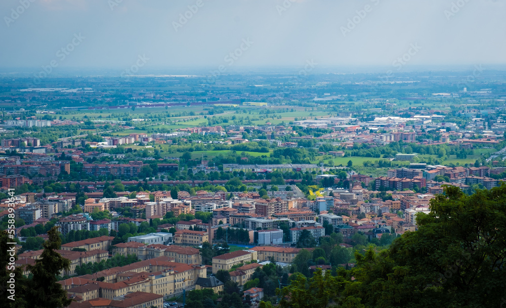 Aerial view over the city of Bergamo from San Vigilio mountain. Overlooking the city of Bergamo.