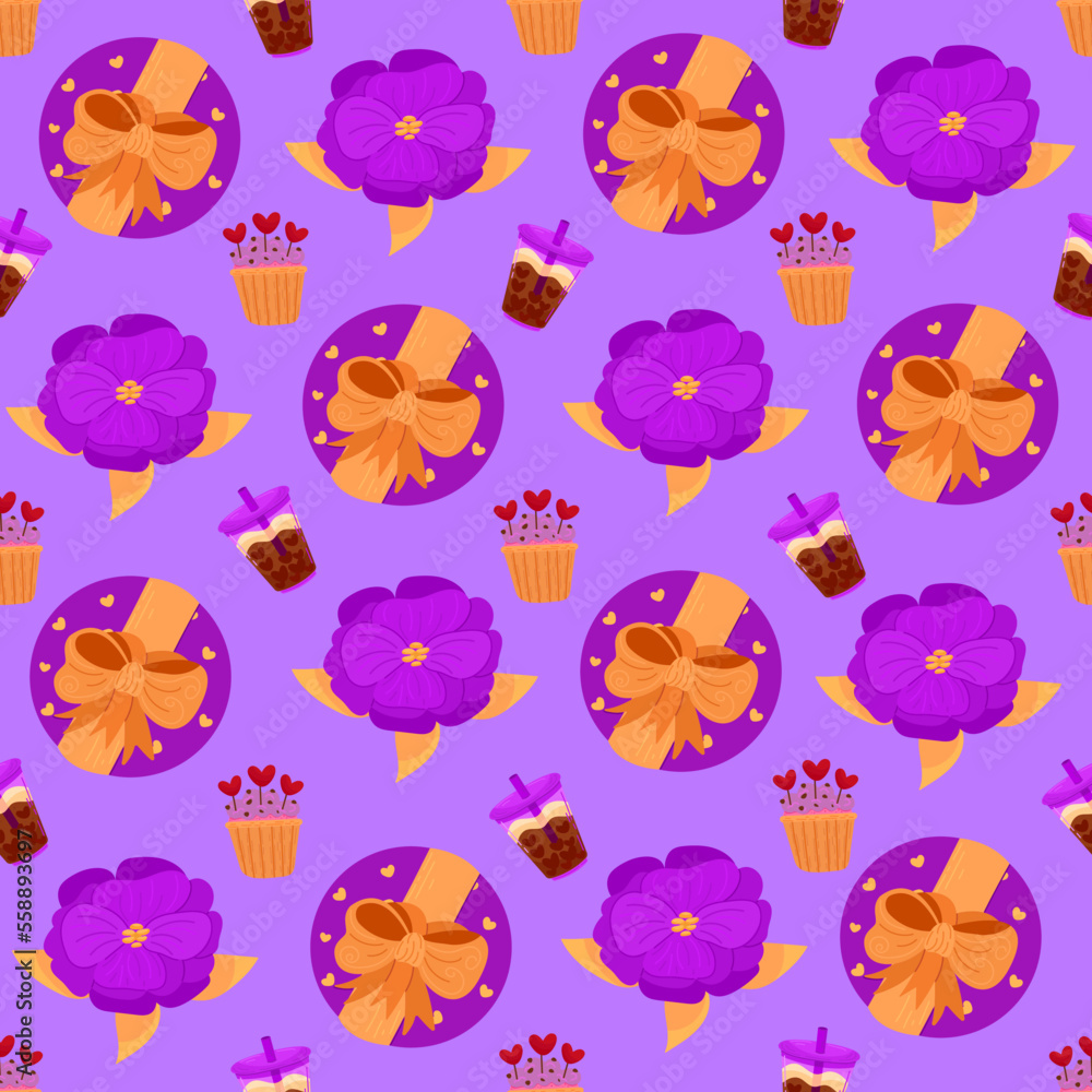 Vector romantic seamless pattern with hearts, berries, sweets and gift box on a purple background. Ideal for wrapping paper, decor, textiles. Vector romantic seamless pattern with hearts, berries, sweets and gift box on a purple background. Ideal for wrapping paper, decor, textiles.