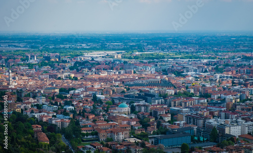 Fototapeta Naklejka Na Ścianę i Meble -  Aerial view over the city of Bergamo from San Vigilio mountain. Overlooking the city of Bergamo.