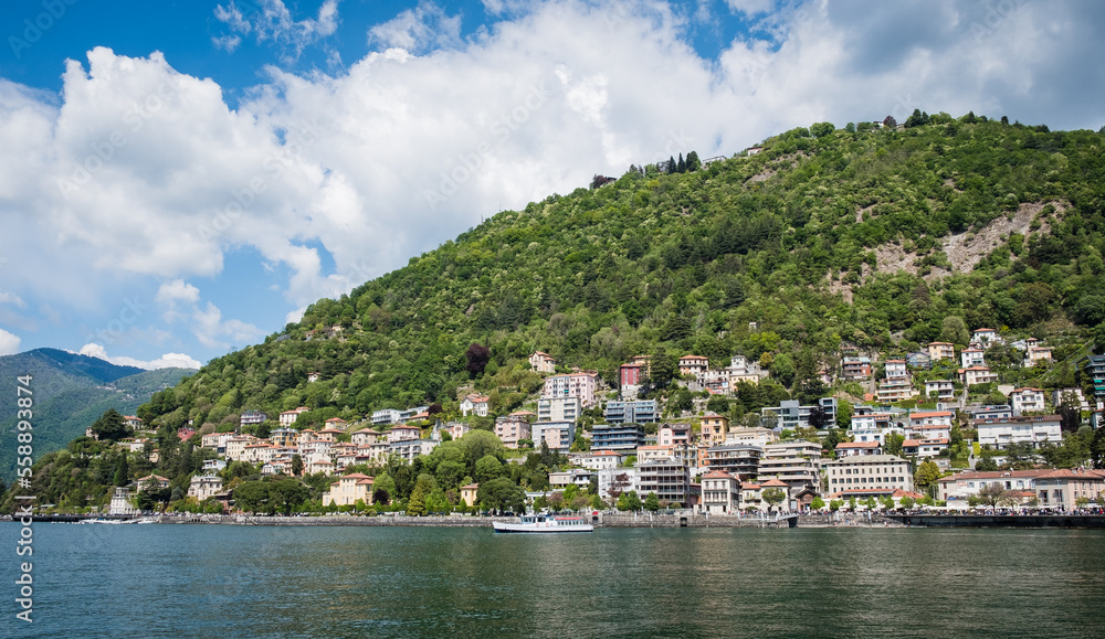 Scenery and landscape around lake Como in Northern Italy. A beautiful view over lake (Lago di Como) in Como town.