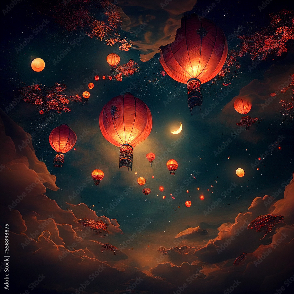 Render illustration of Chinese new years lanterns (AI Generated)