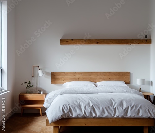 interior of modern bedroom with white and wooden furniture.