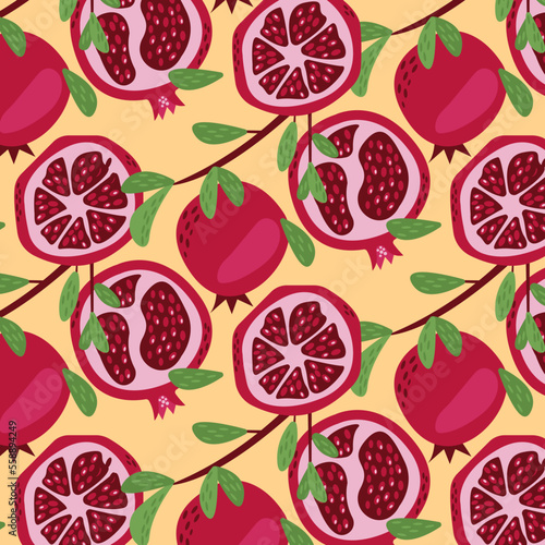 Pomegranate pattern. Whole and pieces of  garnet fruit with seeds flat vector