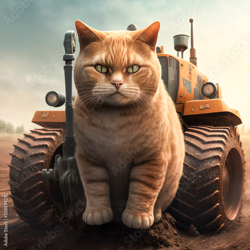 Obraz na płótnie A ginger farmer cat sitting infront of a tractor in a field