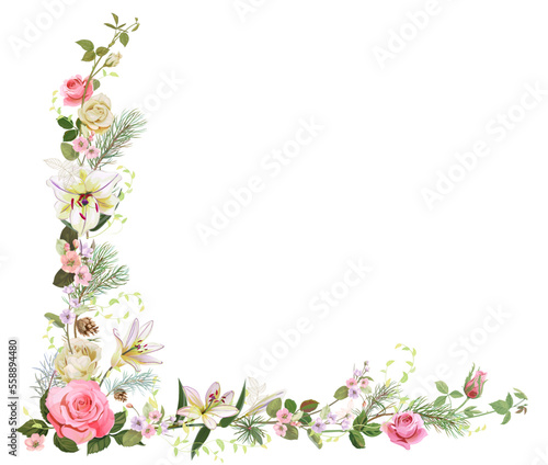 Angled frame with roses, lilies, spring blossom. Branches with mauve, pink ap...