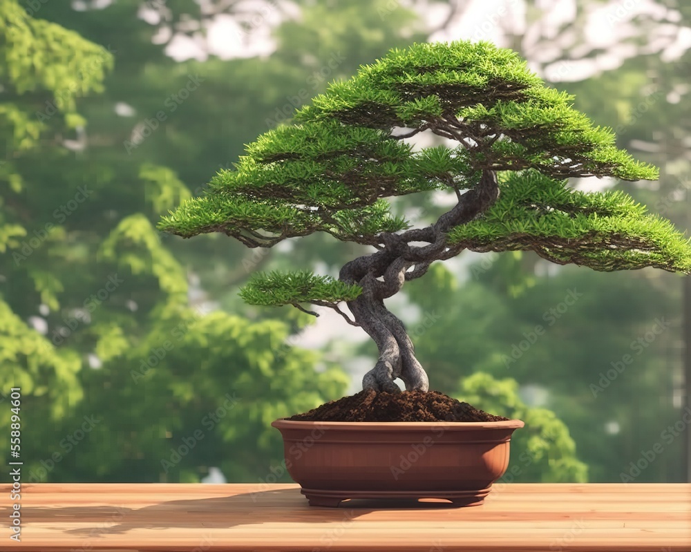 green bonsai tree branch with small decoration in pots green bonsai tree branch with small decoration in pots
