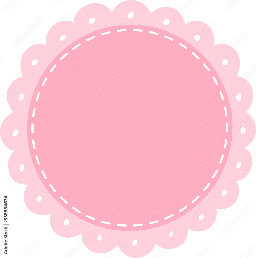 Scalloped Edge Stitched Circle Badge Vector. Simple label sticker frame template. Cute vintage frill ornament. Vector illustration isolated on white background. Scalloped Edge Stitched Circle Badge Vector. Simple label sticker frame template. Cute vintage frill ornament. Vector illustration isolated on white background.