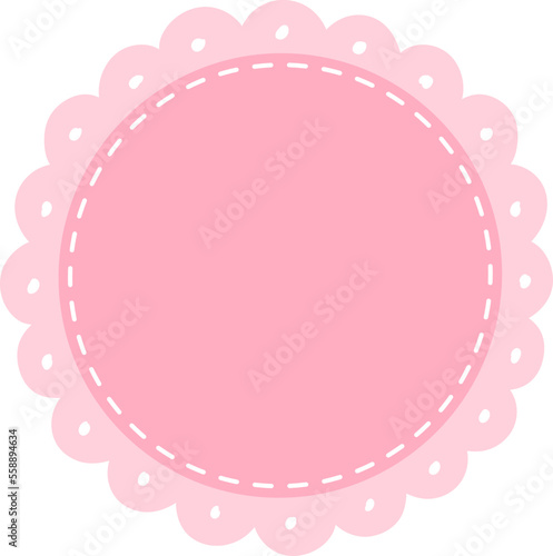 Scalloped Edge Stitched Circle Badge Vector. Simple label sticker frame template. Cute vintage frill ornament. Vector illustration isolated on white background.