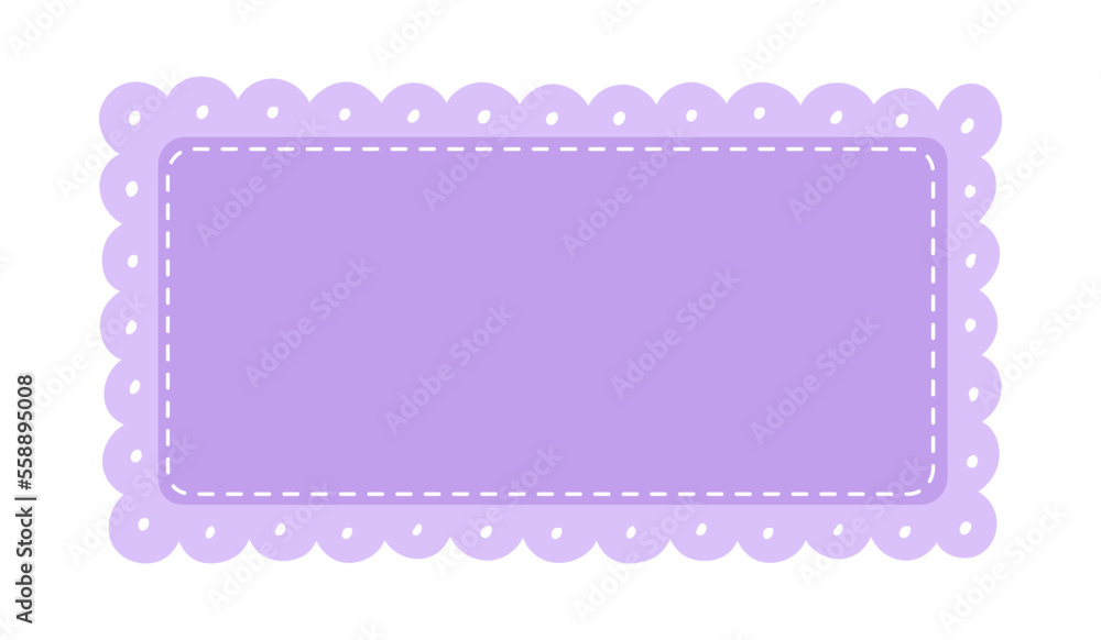 Scalloped Edge Stitched Rectangle Long Frame Badge Vector. Simple label sticker template. Cute vintage frill ornament. Vector illustration isolated on white background. Scalloped Edge Stitched Rectangle Long Frame Badge Vector. Simple label sticker template. Cute vintage frill ornament. Vector illustration isolated on white background.