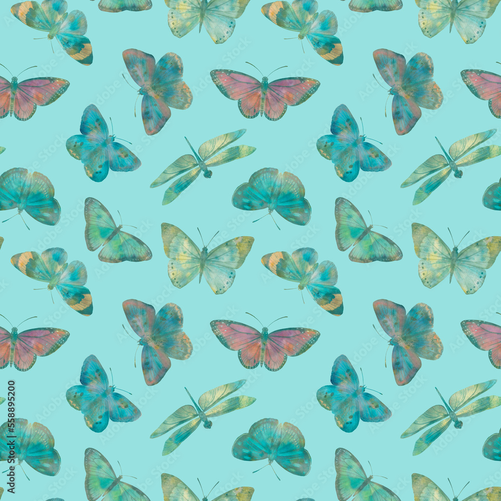 abstract watercolor background of butterflies, seamless pattern for design, print, wallpapers, invitations and wrapping paper. bright butterflies