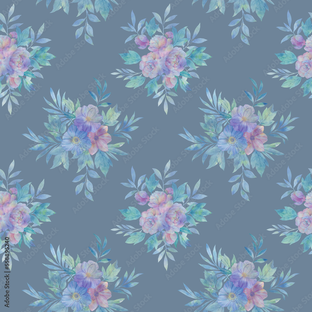 Template design for design, postcards, textiles, wallpapers. Seamless floral pattern with flowers and leaves, watercolor illustration.