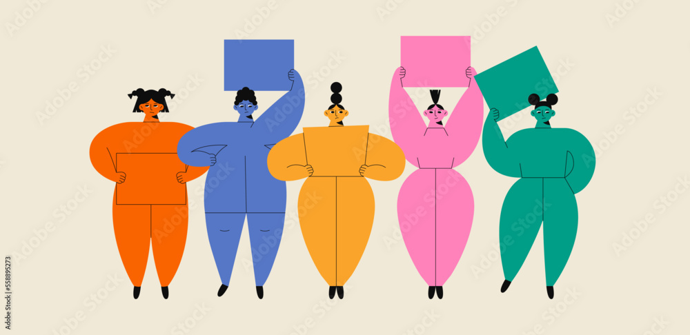 Group of people holding banners. Cartoon characters on protest, advertising, demonstration concept. Vector illustration