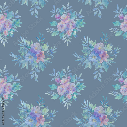 Template design for design  postcards  textiles  wallpapers. Seamless floral pattern with flowers and leaves  watercolor illustration.