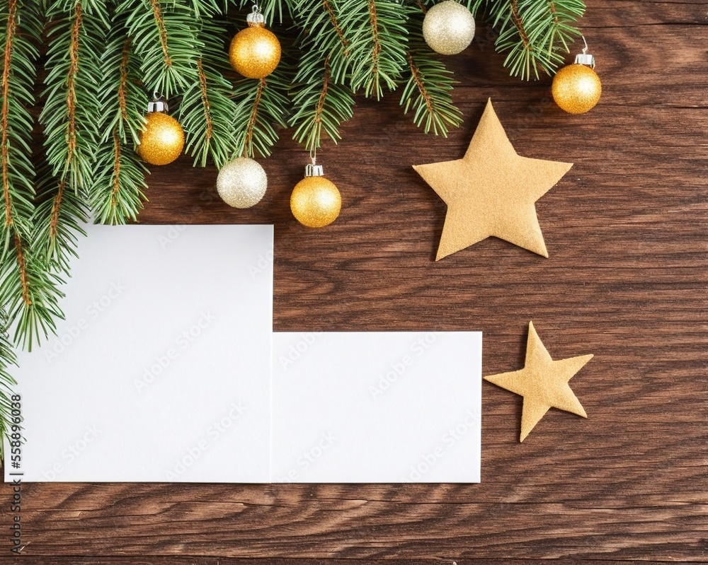 background with copy space and fir branches, cones and gift boxes on white wooden table. top view background with copy space and fir branches, cones and gift boxes on white wooden table. top view