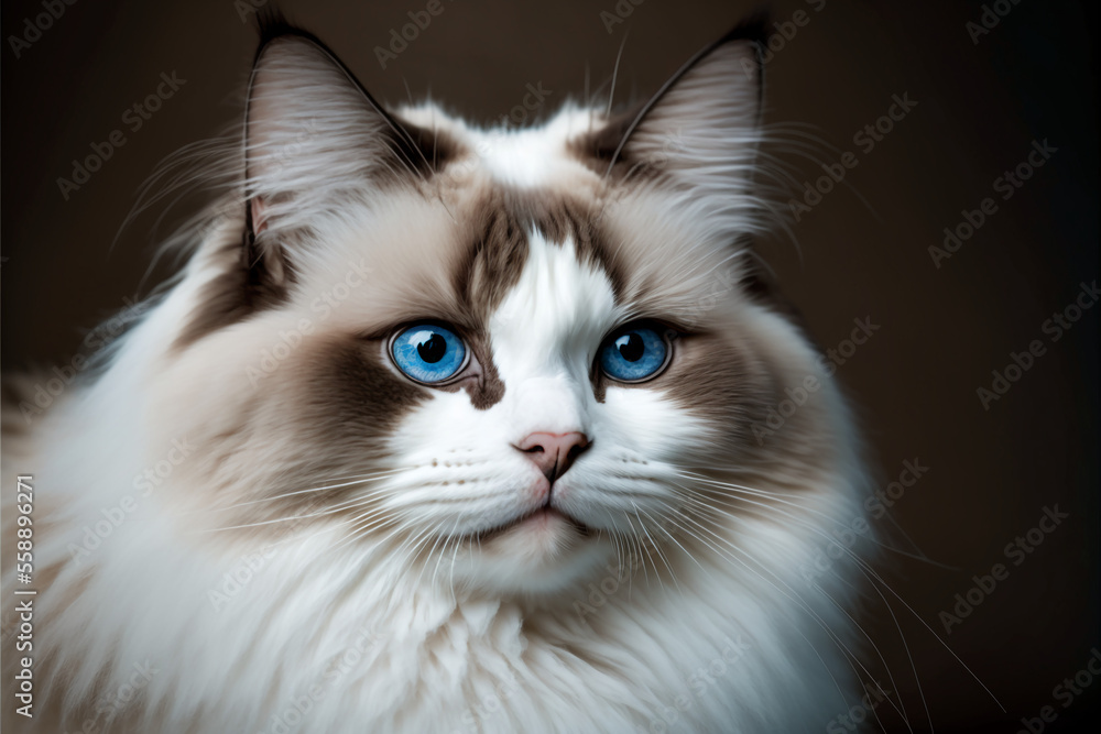 Ragdoll, breed of cat originating in England. Brown, greyish or chocolate coat color, with blue eyes. Generative AI.