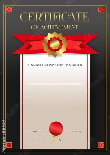 The certificate is dark gray with a light leaf and a red bow. Golden text and golden sticker.Place to insert data