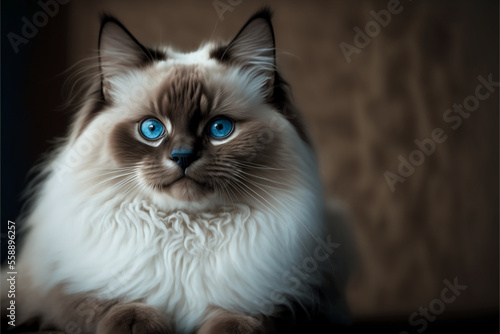 Ragdoll, breed of cat originating in England. Brown, greyish or chocolate coat color, with blue eyes. Generative AI.