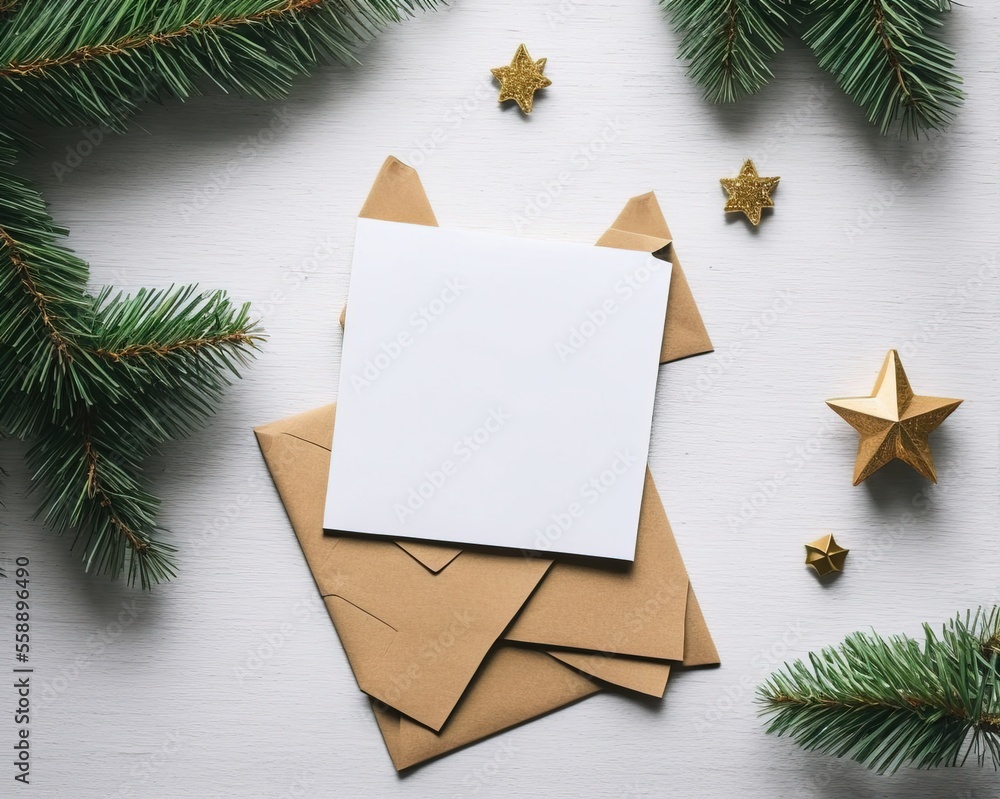 background with copy space and fir branches, cones and gift boxes on white wooden table. top view background with copy space and fir branches, cones and gift boxes on white wooden table. top view