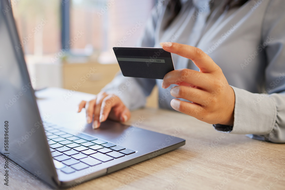 Credit card, laptop and finance with hands of woman for payment, online shopping and budget. Ecommerce, fintech and password with girl customer and banking for investment, website and internet Credit card, laptop and finance with hands of woman for payment, online shopping and budget. Ecommerce, fintech and password with girl customer and banking for investment, website and internet