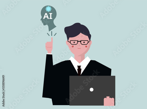 人工知能AIを使って仕事をするビジネスマンの男性。パソコン。ベクターイラスト