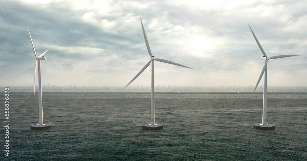Wind turbines in the ocean. Environmental friendly electric energy. Technology and energy related 3D Illustration Render.