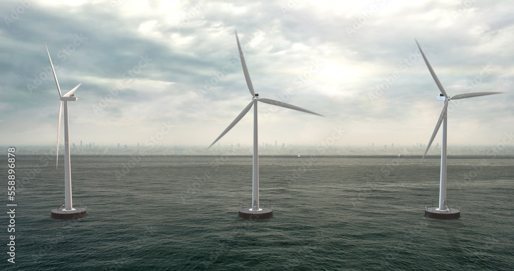 Wind turbines in the ocean. Environmental friendly electric energy. Technology and energy related 3D Illustration Render. Wind turbines in the ocean. Environmental friendly electric energy. Technology and energy related 3D Illustration Render.