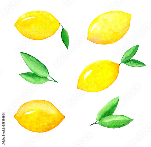 Set of watercolor abstract lemons on white background