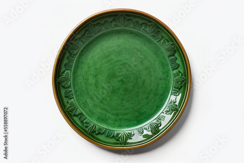 Top view empty blank ceramic antique round green plate isolated on white background with clipping path.