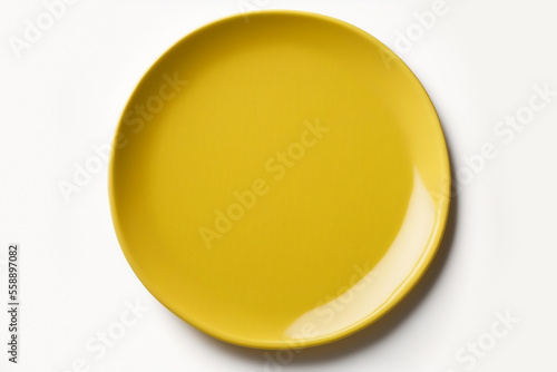 Top view empty blank ceramic round yellow plate isolated on white background with clipping path.