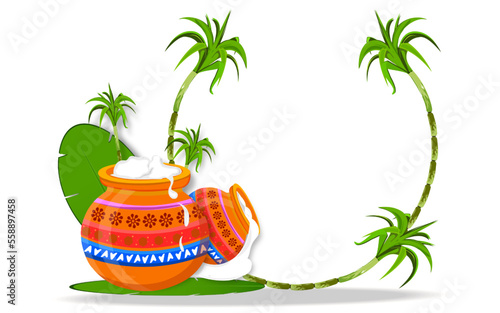 Illustration of beautiful Pongal pot and sugarcane on banana leaf for happy Pongal holiday harvest festival in South India. Sugarcane frame