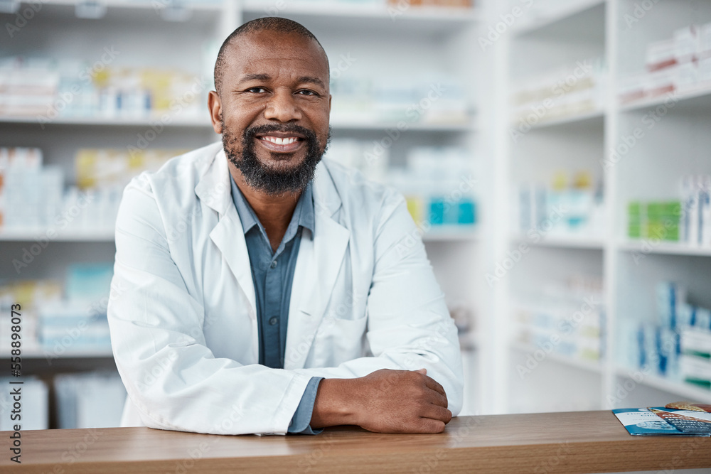 Medicine, healthcare and portrait of black man at pharmacy for trust, insurance and prescription. Wellness. medication and male pharmacist with pills, vitamins and tablets in hospital dispensary