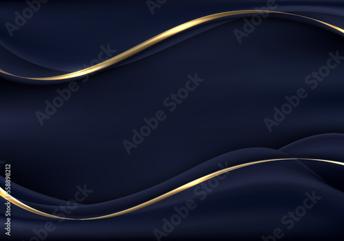 Abstract 3D luxury blue color wave shapes with shiny golden ribbon curved line decoration and lighting on dark blue background