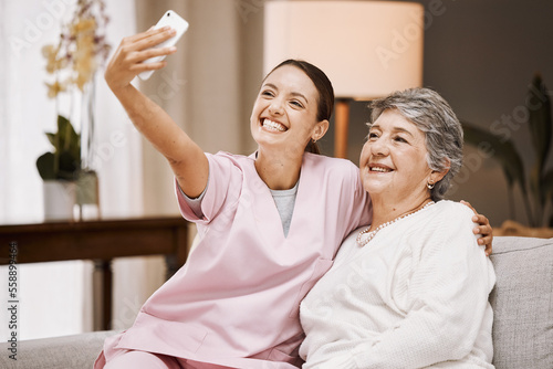 Selfie, nurse and healthcare with a woman carer and senior patient taking a picture in a nursing home together. Phone, medical and social media with a female caregiver and eldery resident in a house photo