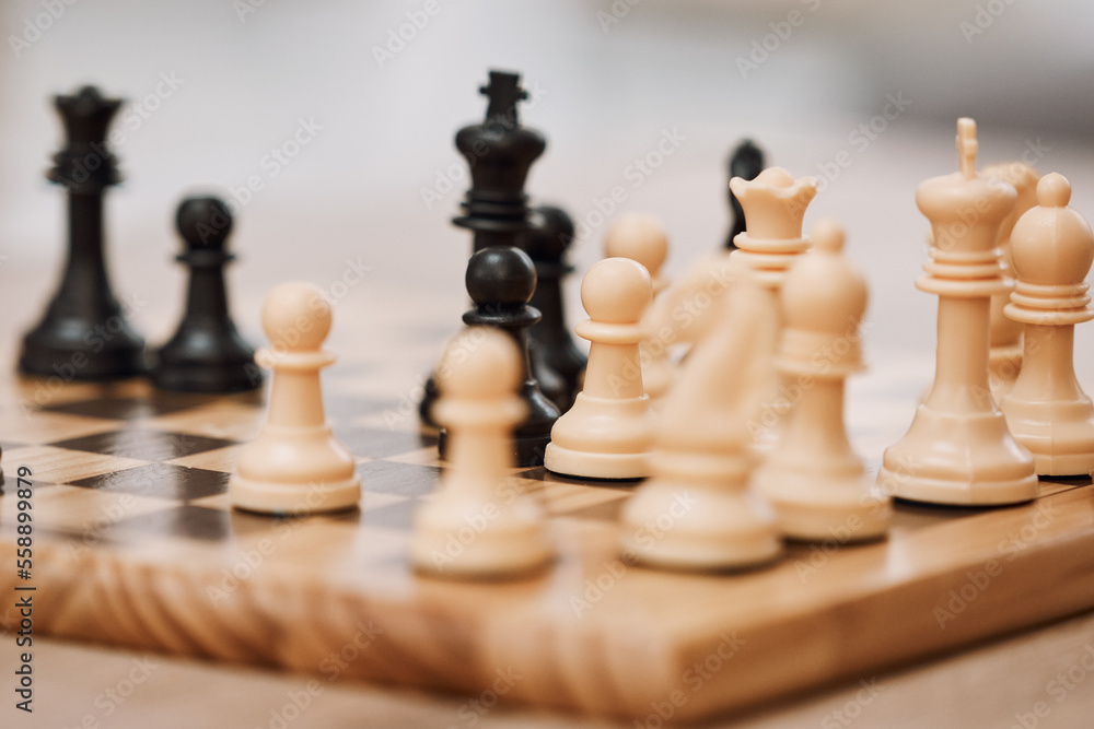 Chessboard, knight and king in house, home living room or apartment for mind strategy contest, checkmate vision or learning challenge. Zoom, board games competition and problem solving pawn on table Chessboard, knight and king in house, home living room or apartment for mind strategy contest, checkmate vision or learning challenge. Zoom, board games competition and problem solving pawn on table