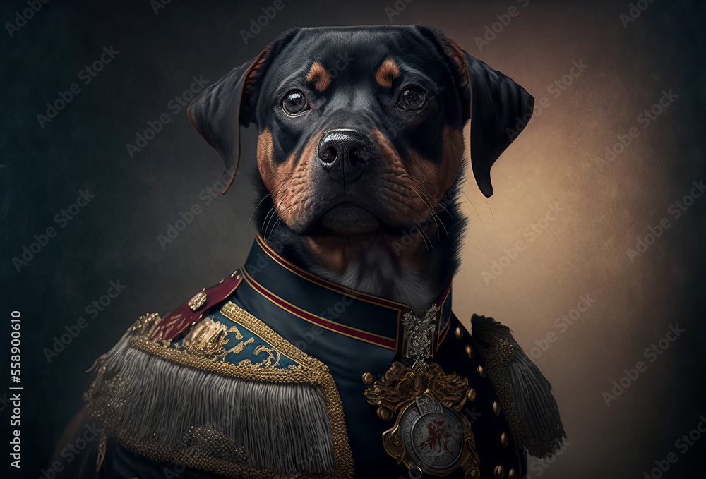 A portrait of a dog wearing historic military uniform. Pet portrait in